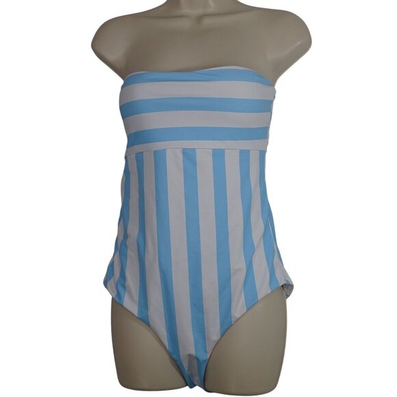 Shein Strapless Blue White Striped One Piece Swimsuit Women Size L Open Tie Back - Picture 1 of 9